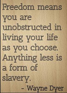 Freedom means you are unobstructed in living your life as you choose. Anything less is a form of slavery - Wayne Dyer