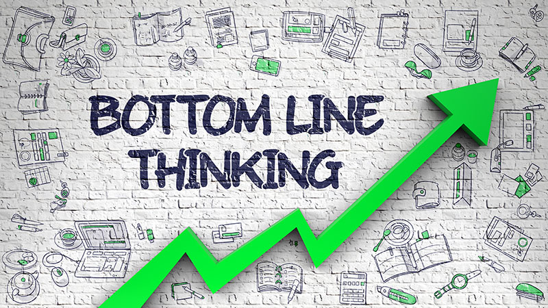 Bottom Line Thinking - Modern Style Illustration with Doodle Design Elements. White Brickwall with Bottom Line Thinking Inscription and Green Arrow. Enhancement Concept.