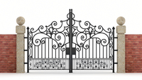 Black ornamented iron gate with walls isolated on white. Clipping path included.